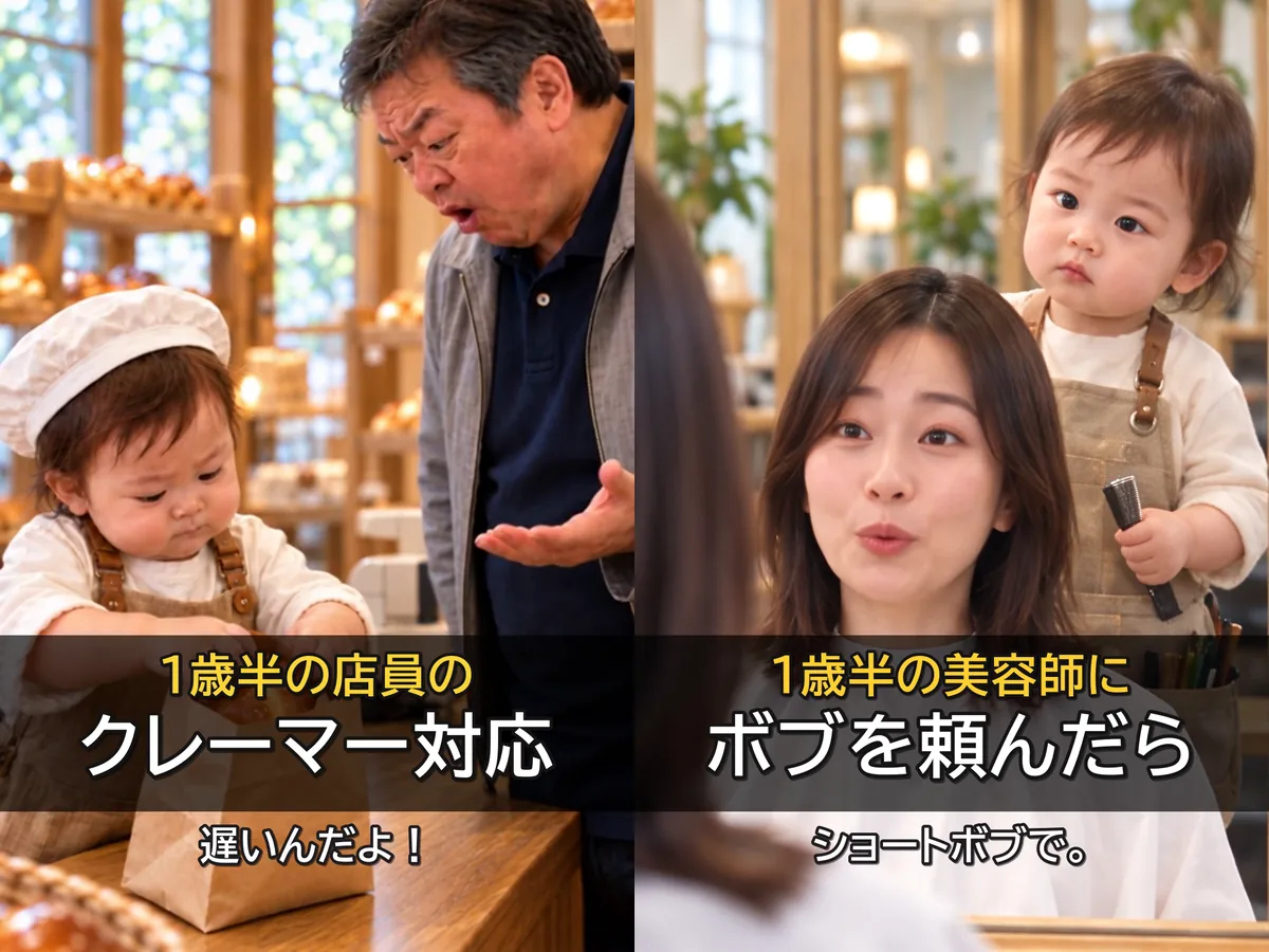 AIで生成したショート動画2本のタイトル場面。「1歳半の店員のクレーマー対応」と「1歳半の美容師にボブを頼んだら」